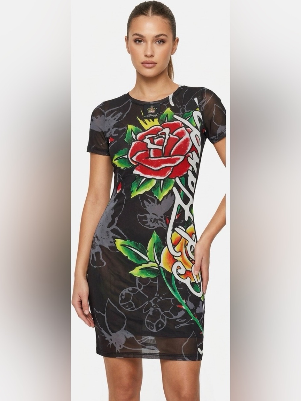 NWT Ed Hardy Women’s DressBlack Mesh Tee w/ Red Rose and Green Leaves Medium.